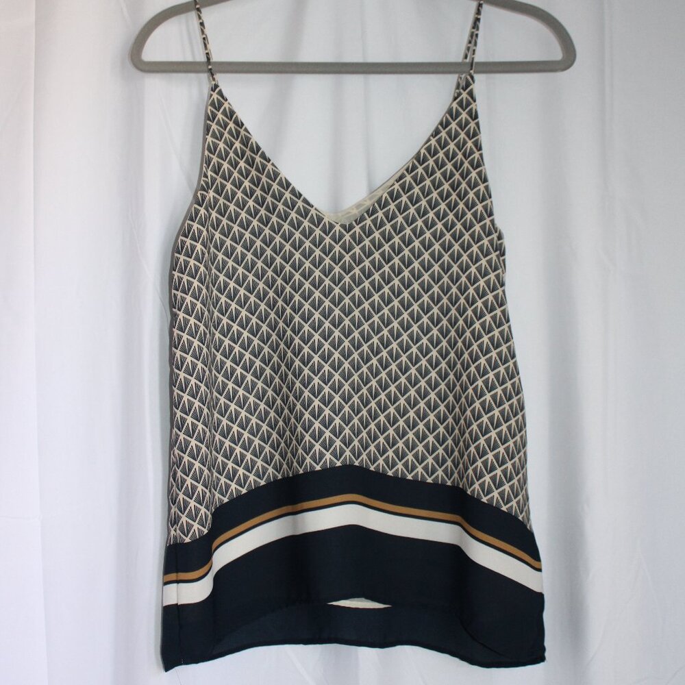 H&M Navy and Gold Art Deco Patterned Sleeveless Blouse Striped Hem Size 2